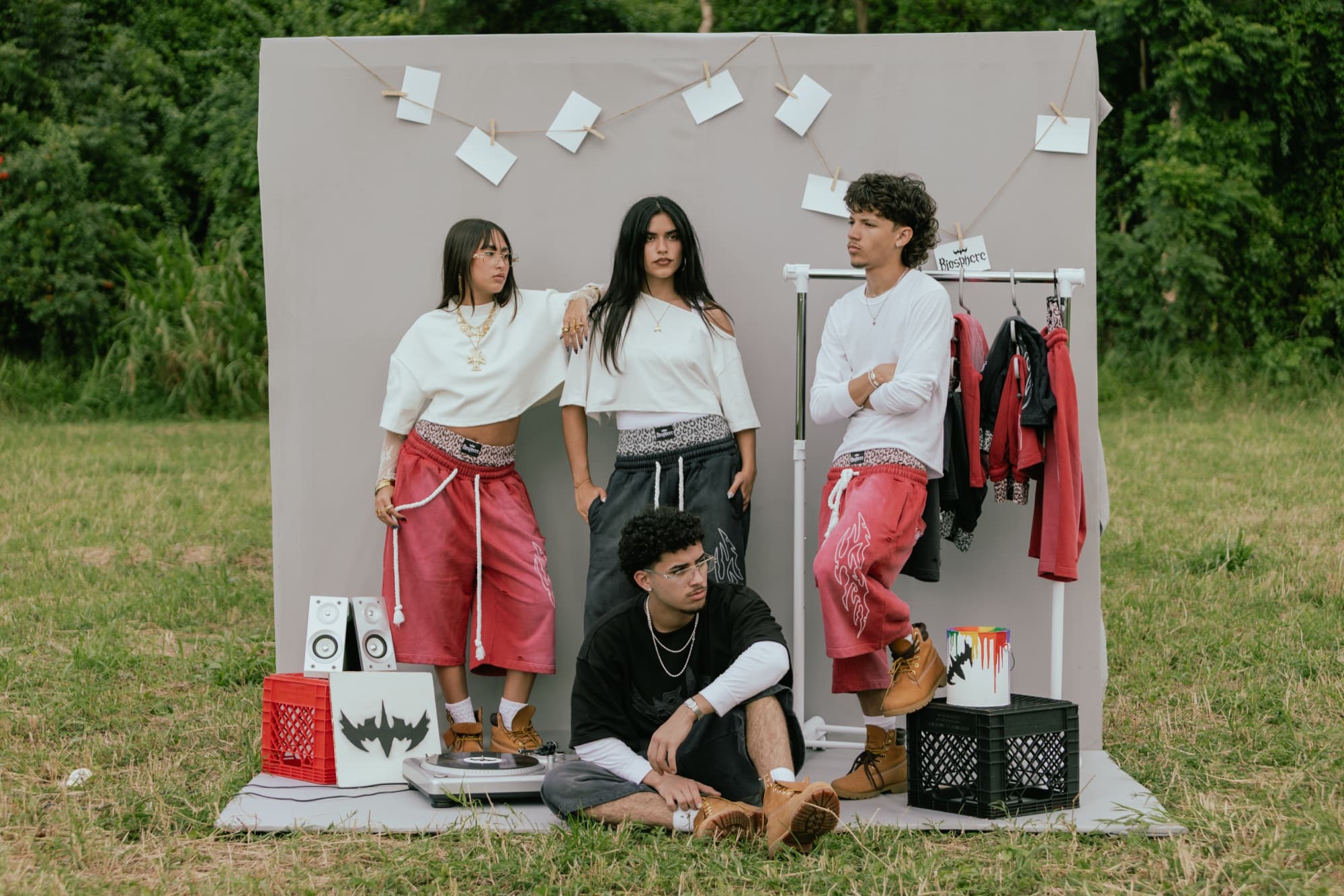 Pop-up lookbook set with clothing rack built in an open field